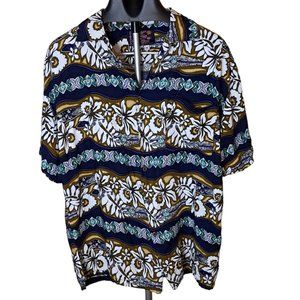 Original Hawaiian Shirt By Basix Mens Size M Navy Gold/Tan And White Floral